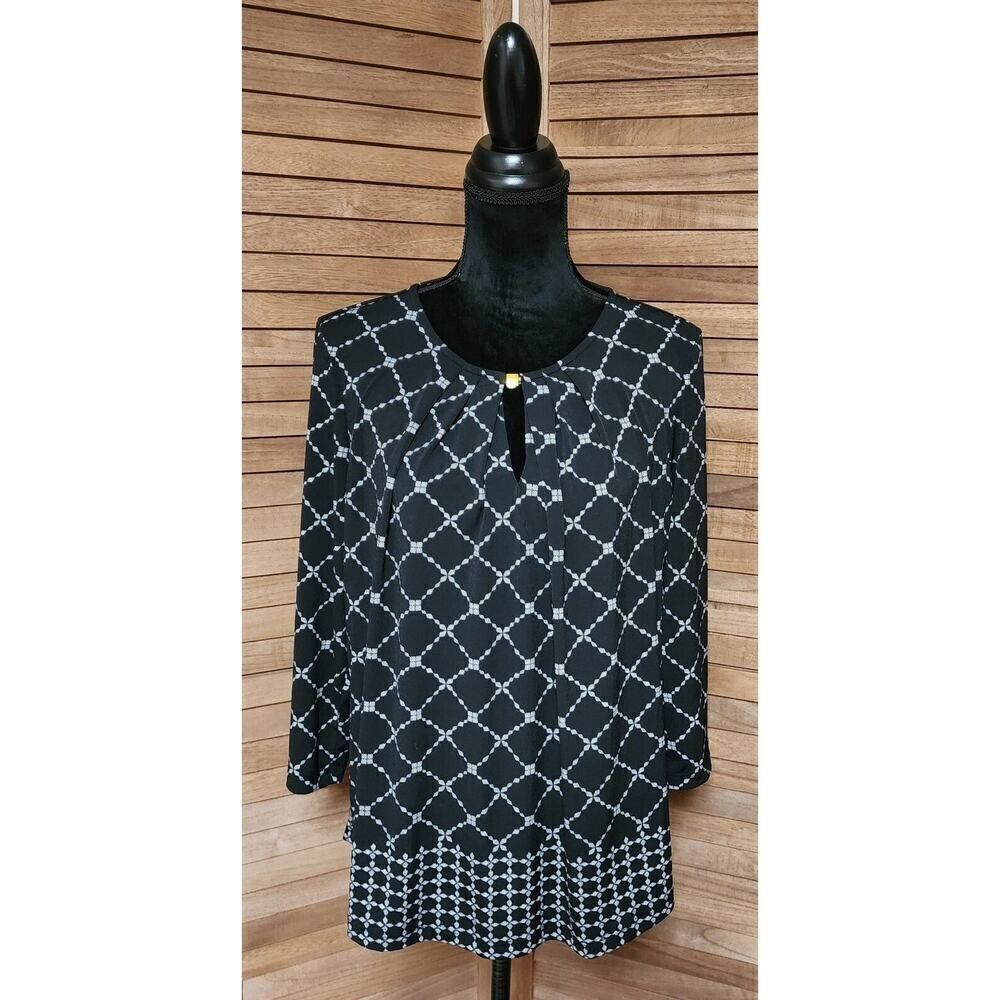 Liz Claiborne Petite XXL Career Women's Chain Print 3/4 Sleeve Blouse Black
